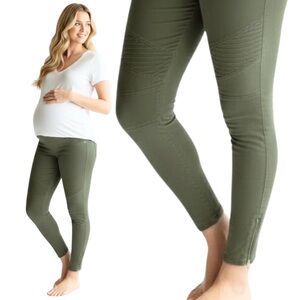 Isabel Maternity Moto Jeggings Olive Green Size 8 Full Panel Ankle Zip Stretchy